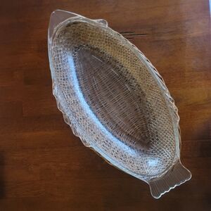 Vintage 18"L 8 1/2”W Clear GLASBAKE Fish Serving Platter and Wicker Basket Set